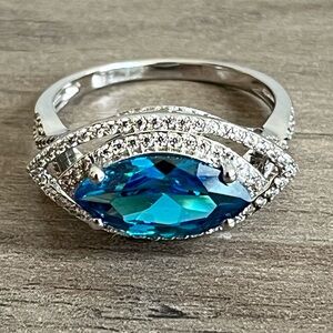BBJ Dazzling Blue Quartz and White CZ 925 Sterling Silver Ring - Size 9